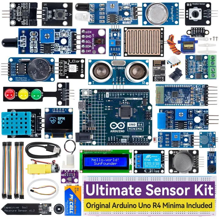 SunFounder Ultimate Sensor Kit with Original Arduino Uno R4 Minima (48 MHz, 256kb Flash), 30+ High-Quality ROHS Safe Sensors, IoT-Enabled ESP8266, IIC LCD1602 OLED, 17 IoT Projects, Free Beginner Lessons, Batteries, for Teachers