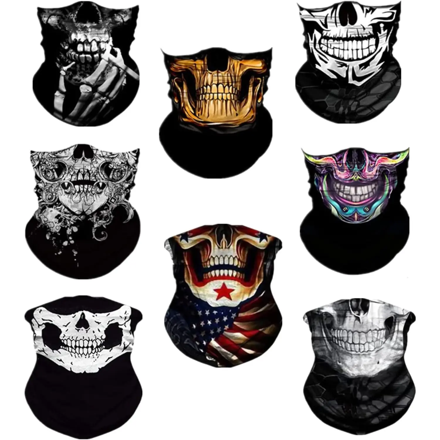 8-Pack Skull Neck Gaiter Face Covering, Unisex Seamless Polyester Bandana, Breathable, Windproof & Moisture-Wicking for Outdoors, Neck Gaiter Bandana, Outdoor Dustproof Mask, Windproof Neck Gaiter