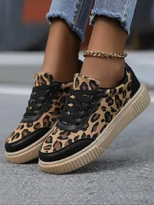 Women's Leopard Print Casual Skate Shoes, Stylish Breathable PU Leather Sneakers for Everyday Comfort, Trendy Sports Footwear