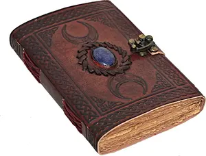 3 Moon Blue Lapiz Embossed Vintage Leather Journal | 240 Pages of Antique Handmade Deckle Edge Vintage Paper, Leather Sketchbook, Drawing Journal, Great Gift
