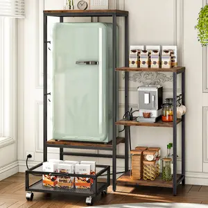 HOOBRO Mini Fridge Stand with Movable Basket, Kitchen Bakers Rack & Power Outlet, Microwave Oven Stand, Coffee Bar, 3-Tiers Coffee Stand Station, for Kitchen, Office, Rustic Brown and Black, Stable Structure#SpringSale #BigSpringSale