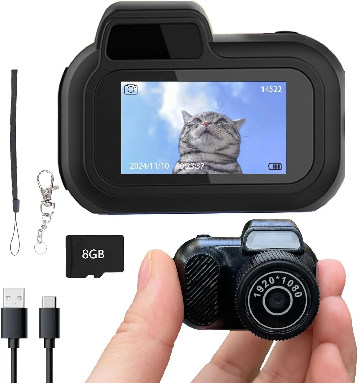 Y3000 Portable Wearable ABS Cartoon Digital Keychain Camera - 1080P HD Recorder, Vintage Camcorder, 8GB Micro SD Card, 6 Built-in Filters, 0.96-in HD Display, USB Charging, Ideal for Travel, Outdoor Activities