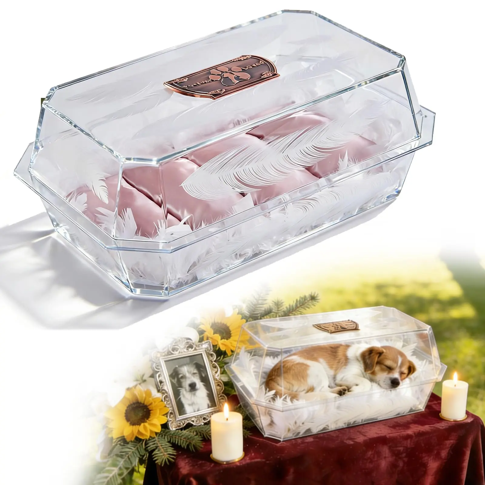 Premium Crystal Clear Acrylic Pet Casket for Small Dogs & Cats, Pet Burial Coffin with Silk Lining, Feather Decor & Custom Nameplate, Dignified Pet Memorial Funeral Box
