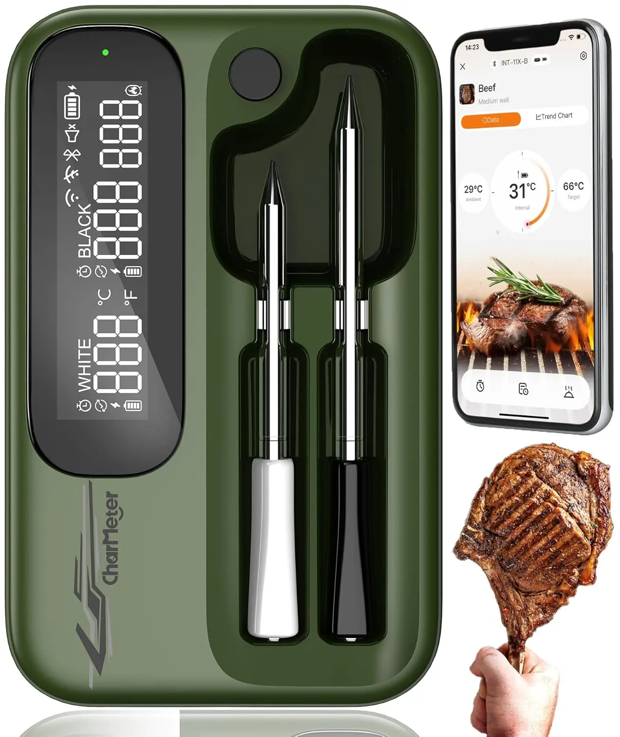 Charmeter Wireless Thermometer, 2 Probes WIFI&Bluetooth Digital thermometer, for smokers and ovens, Perfect Accessories Gift for Kitchen Lovers Stainless Steel