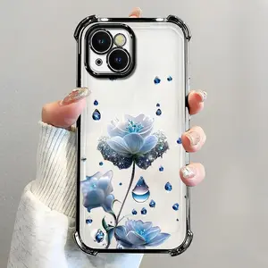 For [iPhone 15 Plus] luxury women's phone case🥰, electroplated four-corner shockproof protection, crystal clear blue flower with water drop design, sophisticated and eye-catching666