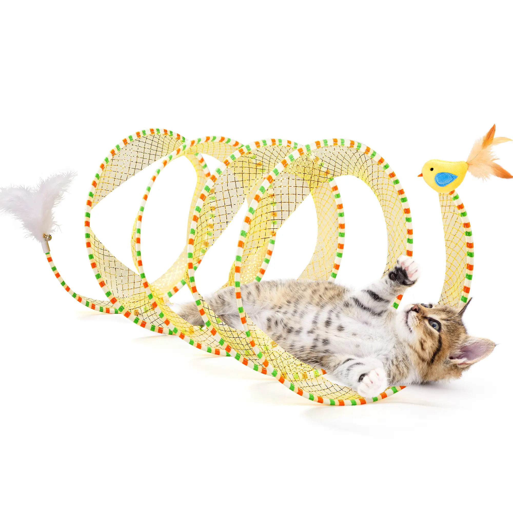 Potaroma Durable Spiral Cat Tunnel Toy - Collapsible Spring Coil Play Tunnel with Feather, Bell, Mesh Fabric, 20-in Unfolded, 9.8-inch Diameter Spacious Toy for Indoor/Outdoor Play