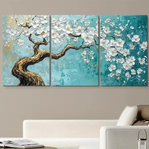 3pcs Modern Minimalism Artistic Hand Drawn 3D Relief Cherry Blossom Tree Canvas Decorative Wall Art Painting Living Room Hanging Painting