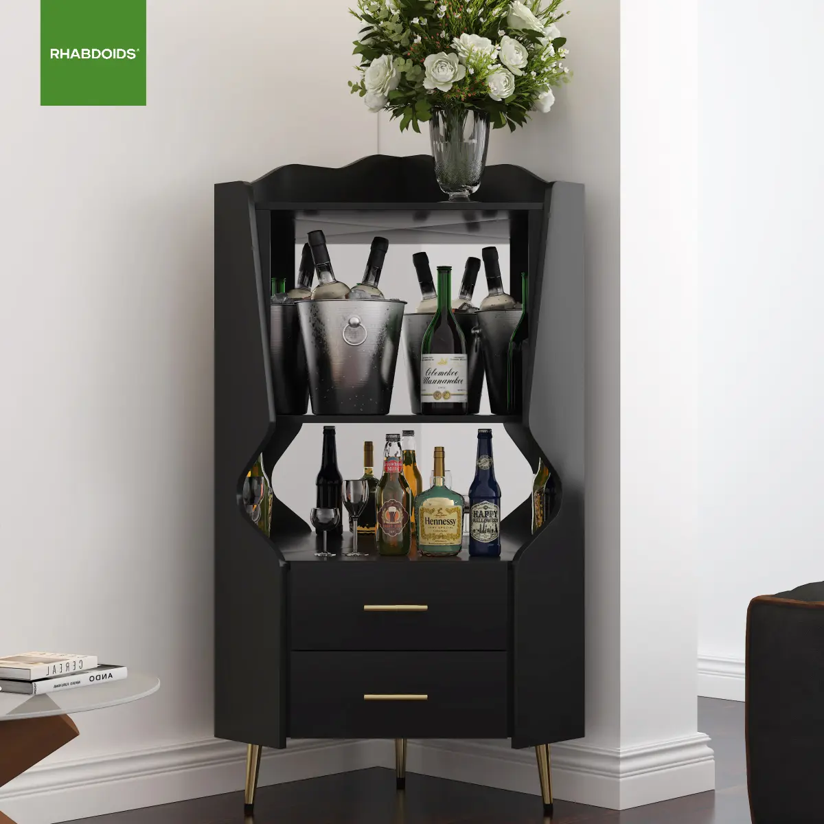 Wooden Corner bar cabinet with 2 open storage shelves and 2 drawers, mirrored back sideboard cabinet, high feet/legs for easy cleaning, buffet cabinet