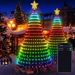 7Ft/6Ft Smart Christmas Tree Lights, 400 LEDs DIY Animated Color Changing Light Show with Ring & Topper Star, Waterfall Xmas Tree Lights with App & Remote Control, Music Sync, Timer