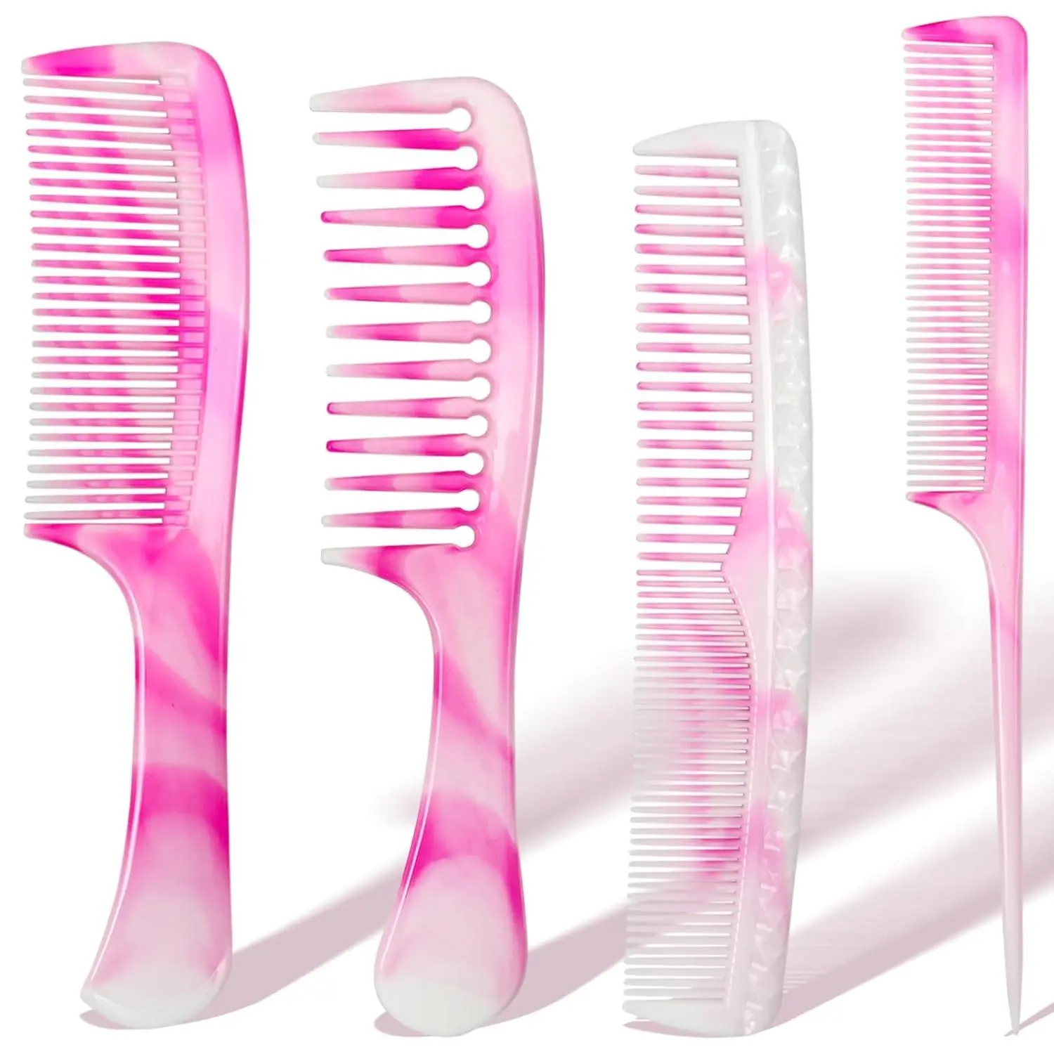 4 Pcs Unisex Hair Comb Set - Rat Tail, Wide & Fine Tooth and Dual-Sided Combs for Daily Detangling, Pink Zoolinn