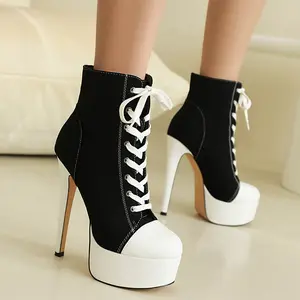 FEINLINA Women's Fashion Round Toe Canvas Lace-up High Platform 15cm Heel Ankle Boots Classic Stylish Walking Shoes Footwear Ballroom boots for women vivet boots