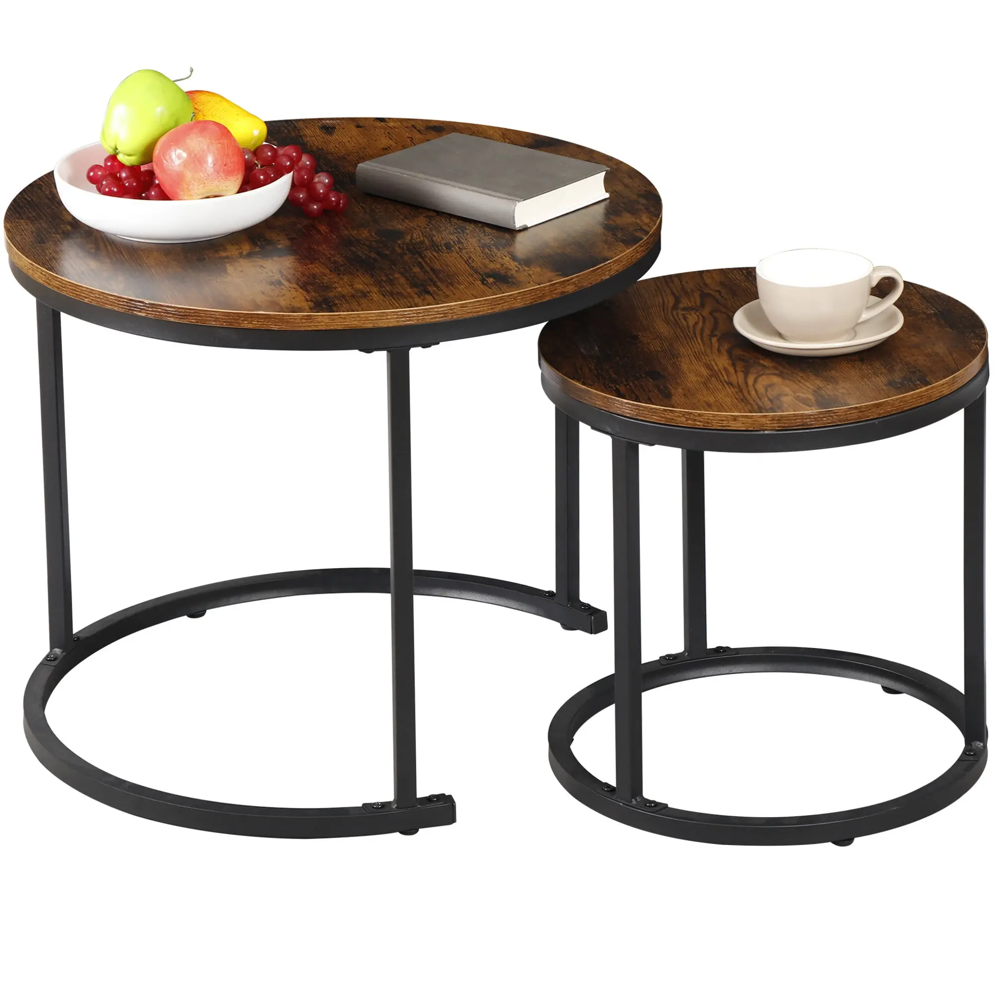 Segawe 2-Piece Vintage Rustic Brown MDF Wood Round Top Nesting Coffee Tables with Metal Frame, Matching Side Table, for Living Room Indoor Furniture Decor, Coffee Table