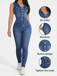 Women's Sleeveless Denim Jumpsuit, American Style High Waist Elastic Butt Lifting Fitted, Casual Streetwear, Music Festival Essential
