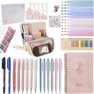 170 count Complete  Study Supplies,  Journaling Kit, Foldable Pencil Case with 75 Tabs,12 Pastel  Highlighters   Accessories Set for Women, Beginner Christian Gifts (White)