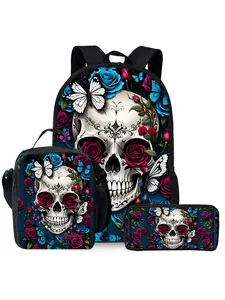 Skull flower print backpack three piece set including lunch bag and pencil case, Trendy Backpack