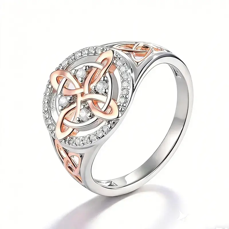 925 Sterling Silver Rose Gold Plated Celtic Knot Ring, Anillo Nudo de Bruja Plata 925 Original Witch Knot Jewelry, Cubic Zirconia Decorated S925 Witches Knot Ring, Witchtok Witch Jewerly Pagan Jewelry for Devotion for Protection