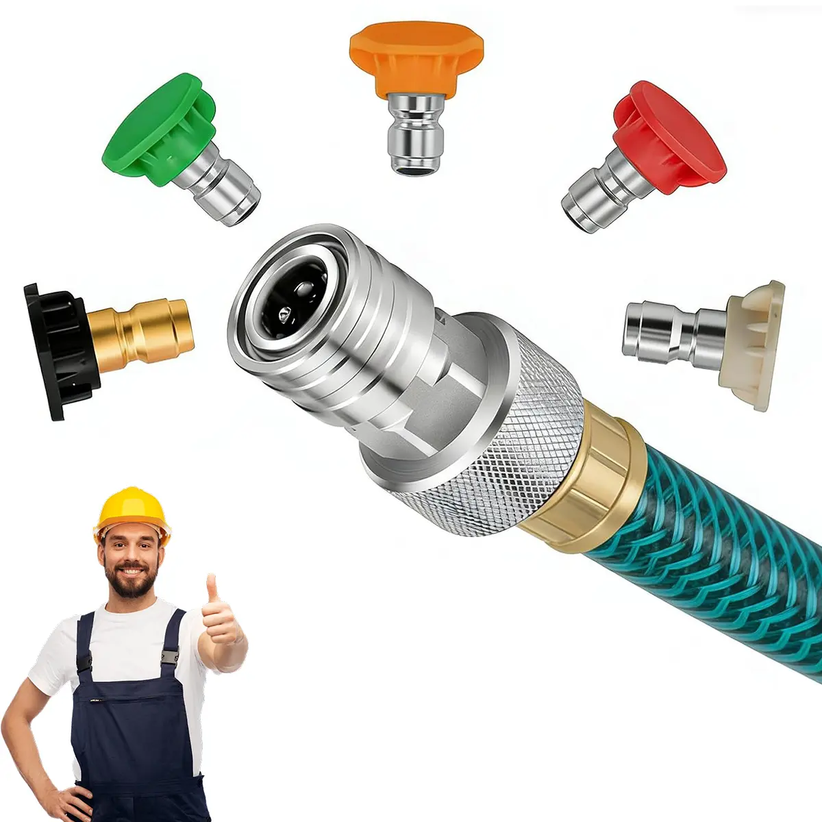 Stainless Steel Power Washer Adapter - 3/4" GHT to 1/4" Quick Connect, Anti-Leak Attachment with 360° Swivel Ease, Knurled Grip for Steady Hold, 5-Color Nozzle Set with Atomization for Car & Garden Use