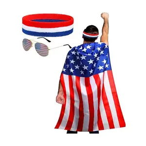2026 Usa Flag Drawstring Shawl Set, Flag Cloak Glasses Headband Three-Piece Long Cape, Cheer for World Cup, Support Gear Kit