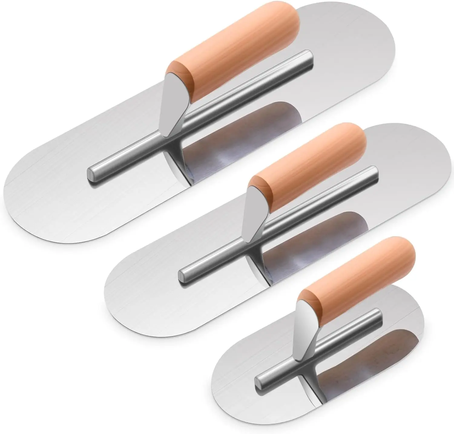 3 Piece Pool Trowel, Stainless Finishing Masonry Trowel Set Includes 14" x 4", 12" x 4", 8" x 3", Lightweight Wooden Handle, for Concrete Cement Plastering Tool(Round Head)