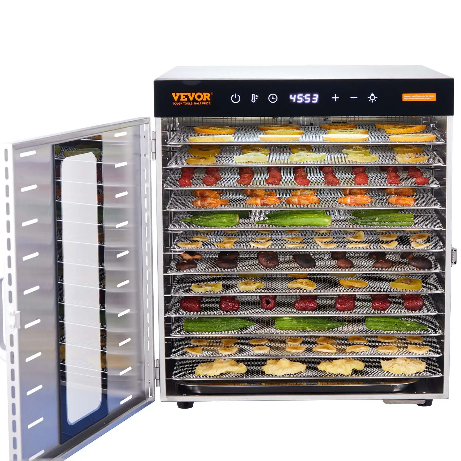 VEVOR 1000W Kitchen Countertop Multi-Slice Food Dehydrator Home Appliance - 10 Stainless Steel Trays, Digital Adjustable Timer, Temperature Control, Silicone Roll Sheets, LED Light, Gloves, Ideal for Jerky, Fruit, Father's Day Gift, Home Appliances