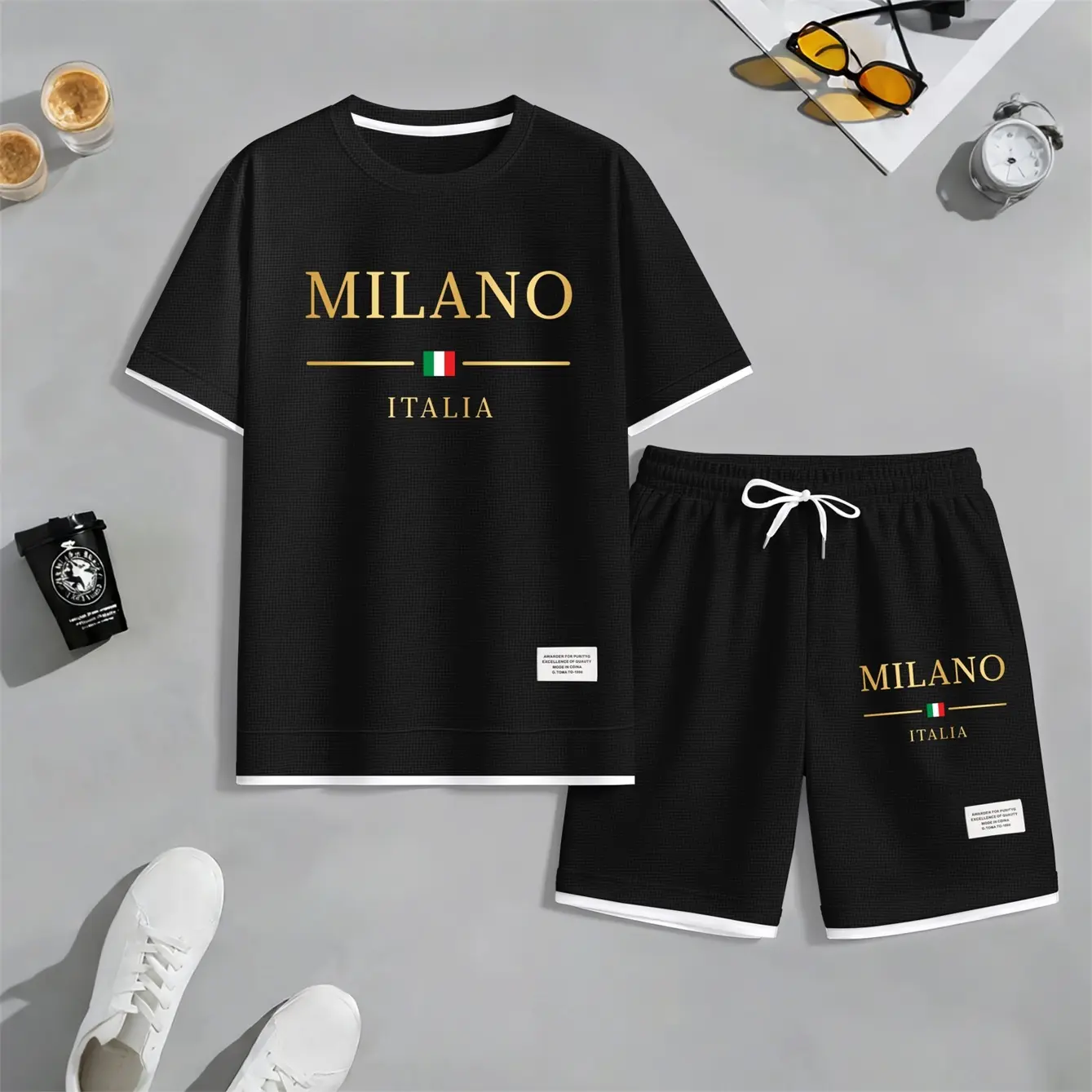 Men's Golden MILANO Italy Graphic Waffle Fabric Shorts Set, Casual Short Sleeve Shirt and Shorts Two-Piece Outfit, Textured Summer Set for Daily Wear, Lounge, Vacation, and Outdoor Activities Breathable Shortsleeve
