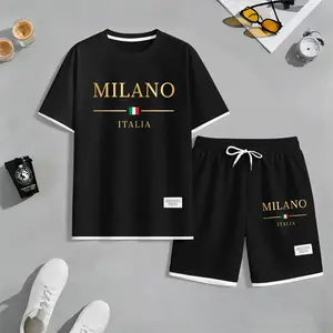 Men's Golden Milano Italy Print Waffle Fabric Short-Sleeved Shirt And Shorts Set