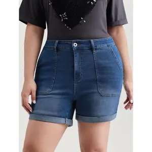 BLOOMCHIC Women's Curvy Plus Size Cotton-Spandex Denim Mini Shorts - Elastic Back-Waist, Skinny-Fit, Pockets, M-6X, 2026 Summer Turn-Up Bottom, Mother's Day Pick, Blue Womenswear