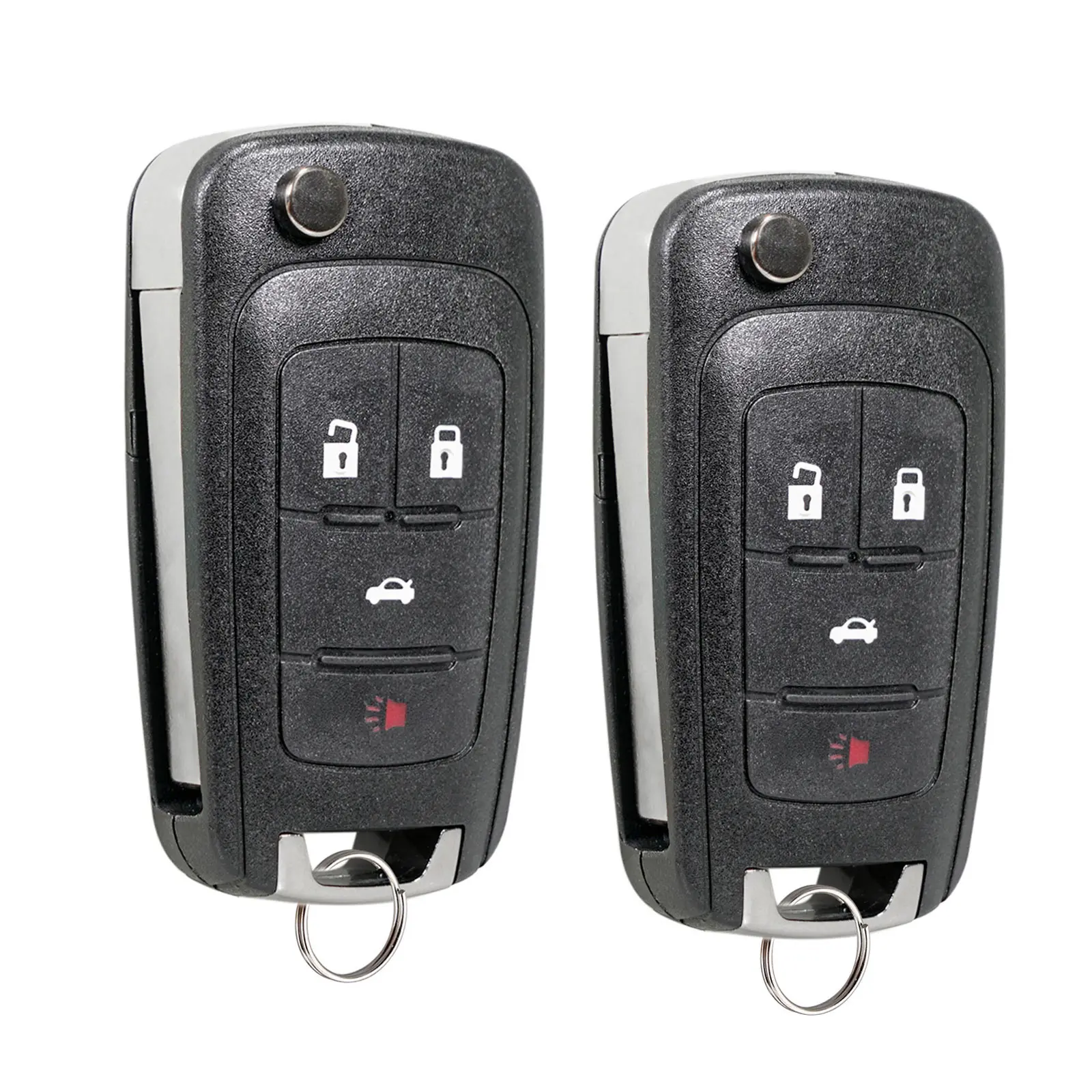 4-Button Metal & Plastic Flip Remote Car Key Fob Case Shell Replacement with Trunk Release for Chevrolet Cruze, Malibu, Camaro, Impala, Equinox; GMC Terrain; Buick Encore, LaCrosse, Regal, Verano (2-Pack)