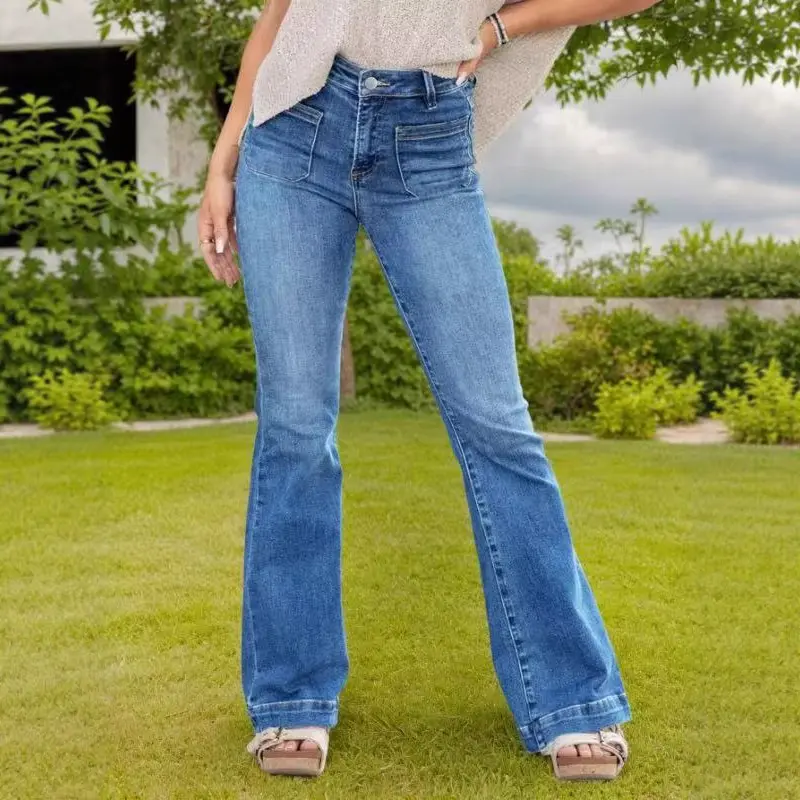 Women's High-Waisted Light Blue Washed Jeans - Slight Flare, Wide-Leg Hem, Large Patch Pocket, American Vintage 90S/2000S Aesthetic, Slimming Leg-Lengthening, Comfy OOTD, Punchy Western Outfit, Tall Girl Friendly, Urban Cowboy, Everyday Commuting Wear