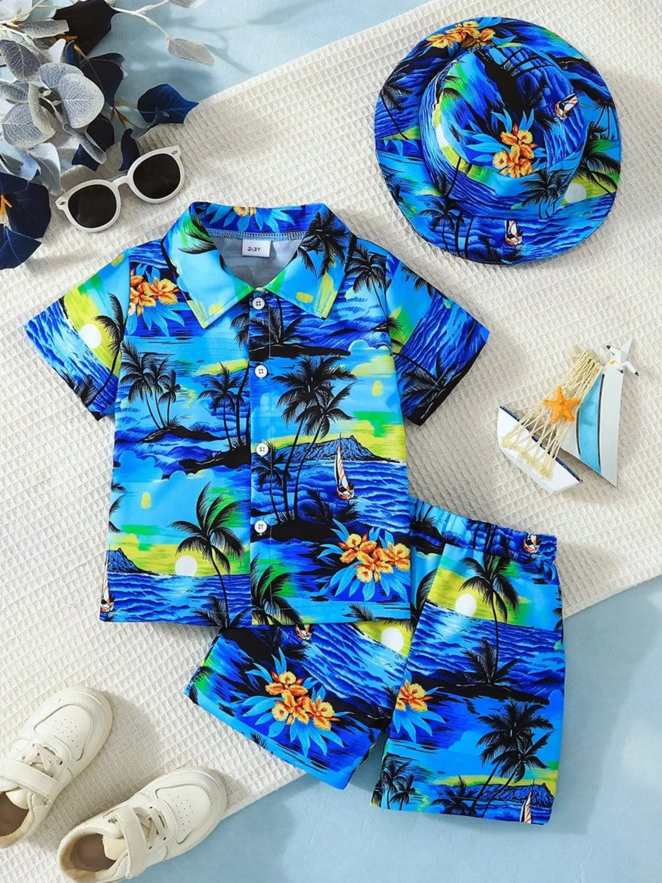3 Piece Boys' Hawaiian Matching Set, Short Sleeve Shirt, Shorts, Hat, Coconut Tree Print, Breathable, Summer Beach Vacation Wear