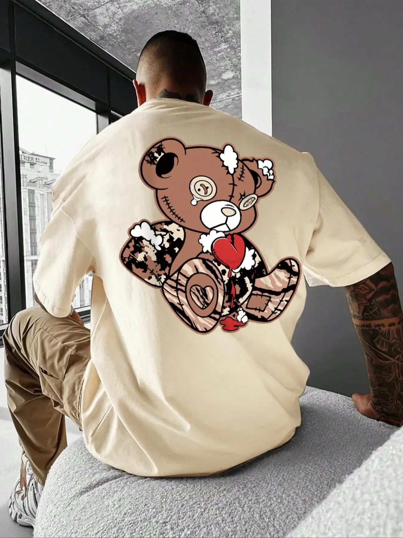 Men's Cartoon Bear Graphic Print Round Neck Tee, Summer Clothes Regular Fit Casual Fashion Drop Shoulder Short Sleeve T-shirt for Summer, Summer Outfi