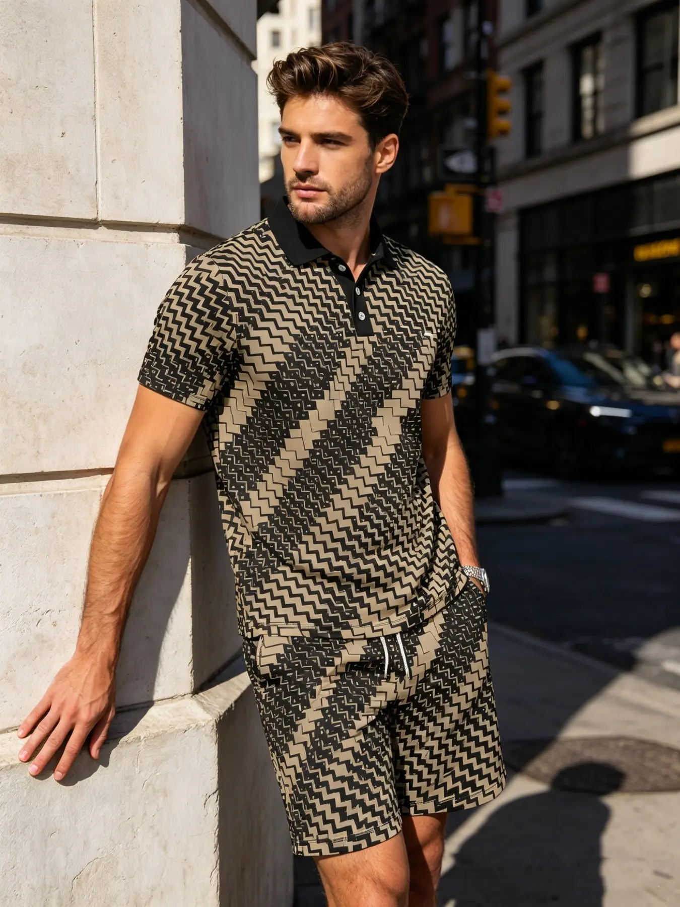Men's 2-Piece Geometric Chevron Print Polo Shirt and Shorts Set, Vintage Birdseye Style, Breathable Quick-Dry, Beach Vacation Wear