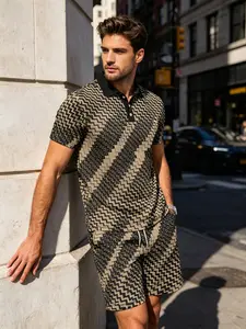 Men's 2-Piece Geometric Chevron Polo Shirt and Shorts Set, Vintage Birdseye Style, Breathable Quick-Dry, Beach Vacation Wear