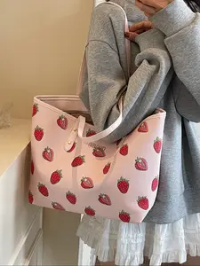 Large Capacity Women's Tote Bag, Beautiful Strawberry and Cherry Design, Stylish Handbag for Daily Use, Perfect Gift Idea, Fashionable Patterned Bag, Casual Trendy Bag