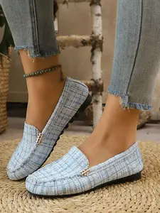 Spring Summer New Large Size Comfortable Soft Flat Fashion Round Toe Plaid Edge Bean Shoes Western Slip On, Small Charming Shallow Mouth Daily Commute Casual Vacation Shopping Choice Walking Shoes