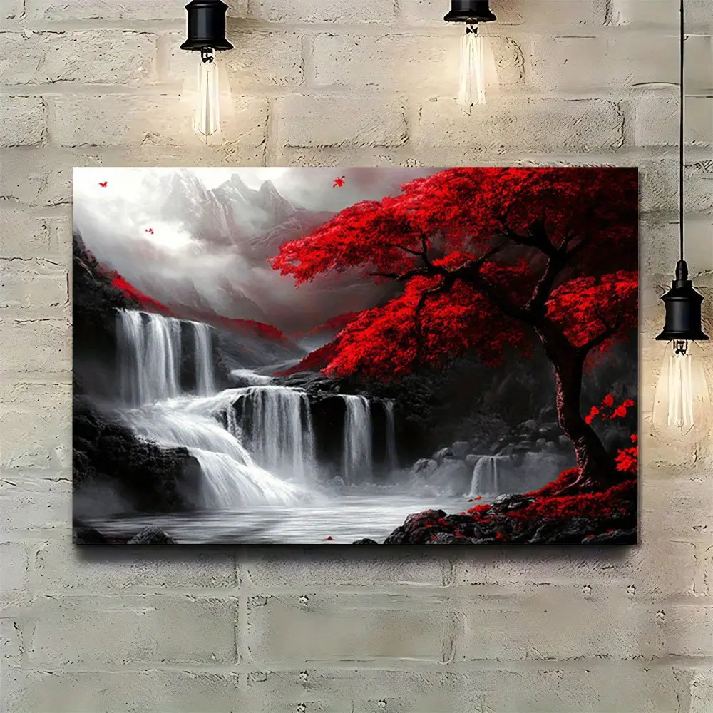 Artistic Fantasy Scene Framed Canvas Print Kit - 24"x36" Eco-Friendly Non-Toxic Wooden Frame, Black-White-Red Color Scheme, Fade-Resistant Hanging Home Wall Decor for Living Room, Christmas Gift