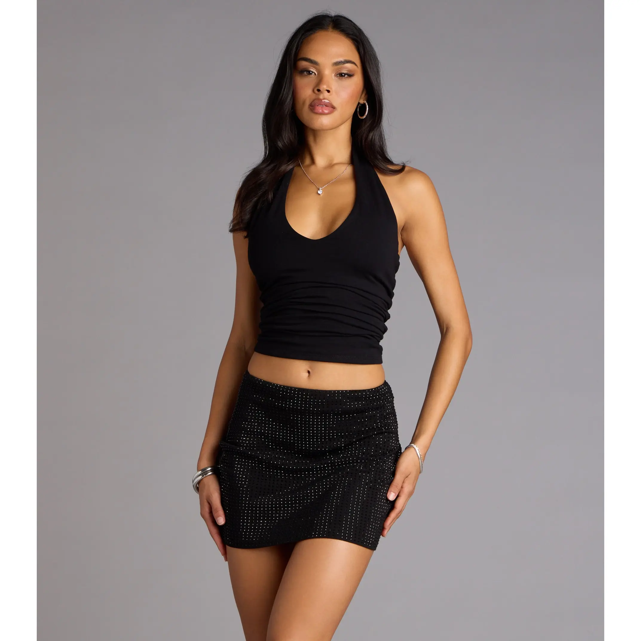 Glitzy Sheen Rhinestone Knit Mini Skirt