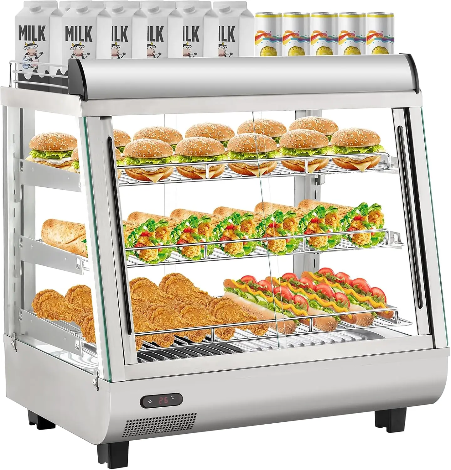 3-Tier Stainless Steel Commercial Food & Beverage Warmer Display Case Rack - Electric Heated Countertop Cabinet, Adjustable Shelves, Tempered Glass Sliding Doors, Multifunctional Storage, LED Display, Intuitive Temperature Control, Three Tiers