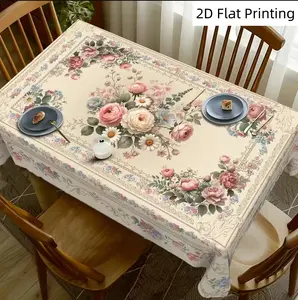 Vintage Elegant Floral Tablecloth with Pink Roses, Hydrangeas and Sunflowers - Durable Polyester Rectangular Machine-Made Table Runner for Spring and Summer Decorations Indoor and Outdoor Holiday Parties Home Kitchen Dining Table Decorations