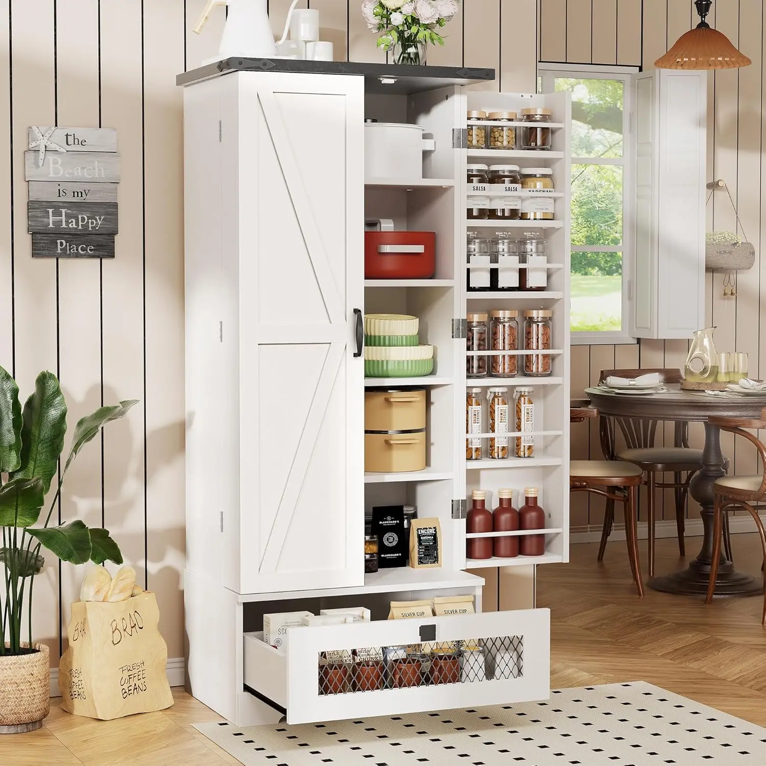 55'' Kitchen Pantry Cabinet, Pantry Storage Cabinet with Adjustable Shelves and Drawer, Kitchen Cabinet Buffet Cupboards Storage Cabinet for Kitchen, Living Room, Bathroom, Dining Room