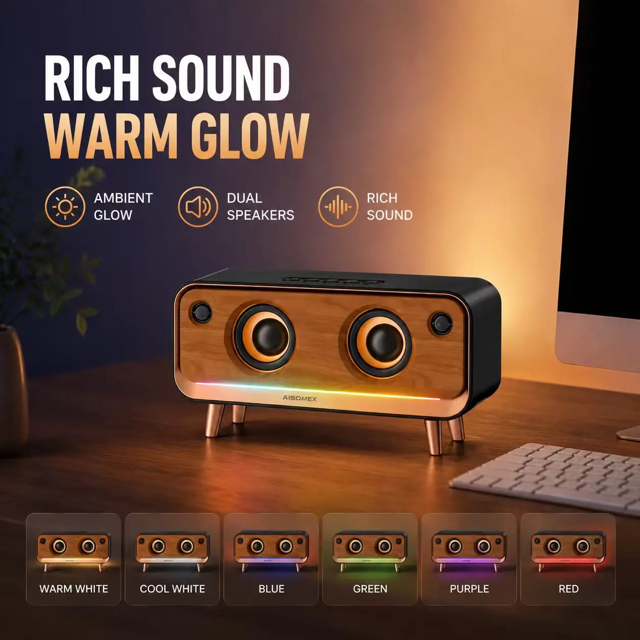 AISOMEX Aesthetic Vintage Wood Grain Bluetooth Speaker with Eagle Eye LED Light - Desktop Stereo Music Setup, Home Office Use, Unique Gift for Men, Smartphone/Tablet Compatible, Amplified Sound