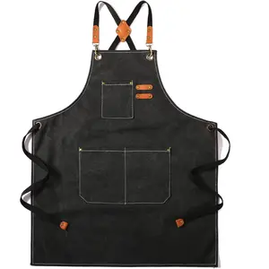 ANSQU Canvas Cross-Back Chef Apron for Men Women with Large Pockets Industrial Leather Strap Lightweight Kitchen Cleaning Gift Black Household Items Christmas Gift Set Stock Up