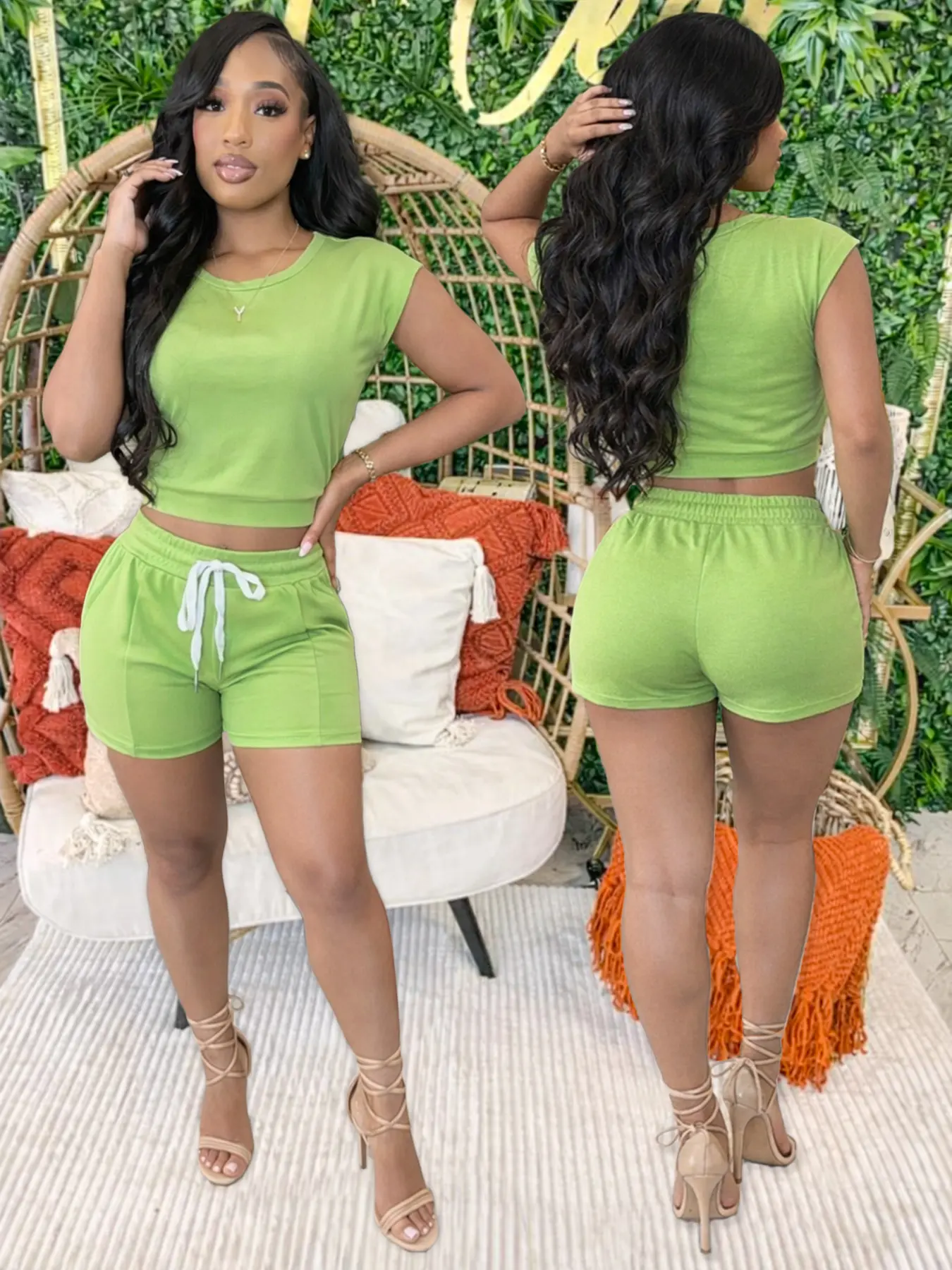 Women's Regular Size Lime Green Y2K Two Piece Set - Crop Top and Drawstring Shorts with Pockets for Spring Summer Brunch and Going Out Casual Outfit Womenswear
