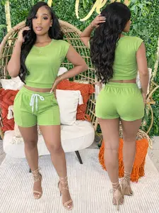 Women's Regular Size Lime Green Y2K Two Piece Set - Crop Top and Drawstring Shorts with Pockets for Spring Summer Brunch and Going Out Casual