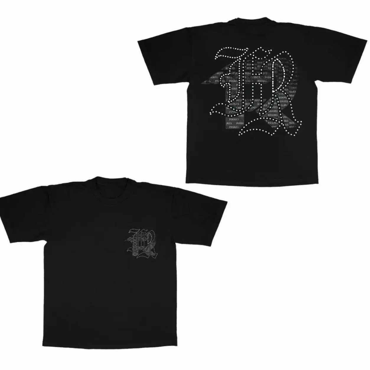 🎸 🖤 🎶 Retro Gothic FR Logo Rhinestone Printed T-Shirt, 100% Skin Friendly Pure Cotton Fabric, Front & Back Graphic, S-4XL Unisex For Men Women, Classic Corridos Tumbados Dark Streetwear Daily Casual Outfit