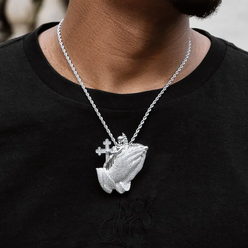 HELLOICE Iced Out Praying Hands Cross Angel Pendant with 3mm 24inches Rope Chain