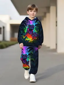 Boys' 2-Piece Colorful Dinosaur Hoodie and Pants Set, 3D Forest Animal Pattern, Casual Fitted Style, Spring Fall Winter Party Wear
