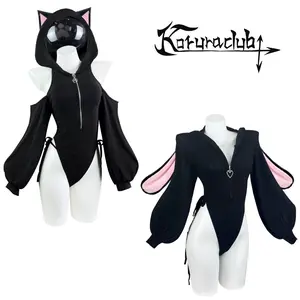 KORURUACLUB Cat Suit With Bunny Suit 2pcs Cosplay Set - Black & Pink Hooded Outfit for Women
