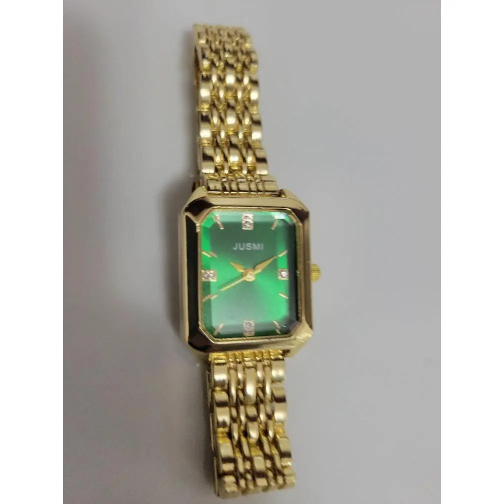 Jusmi Gold Tone Watch with Green Dial and Diamond Accents