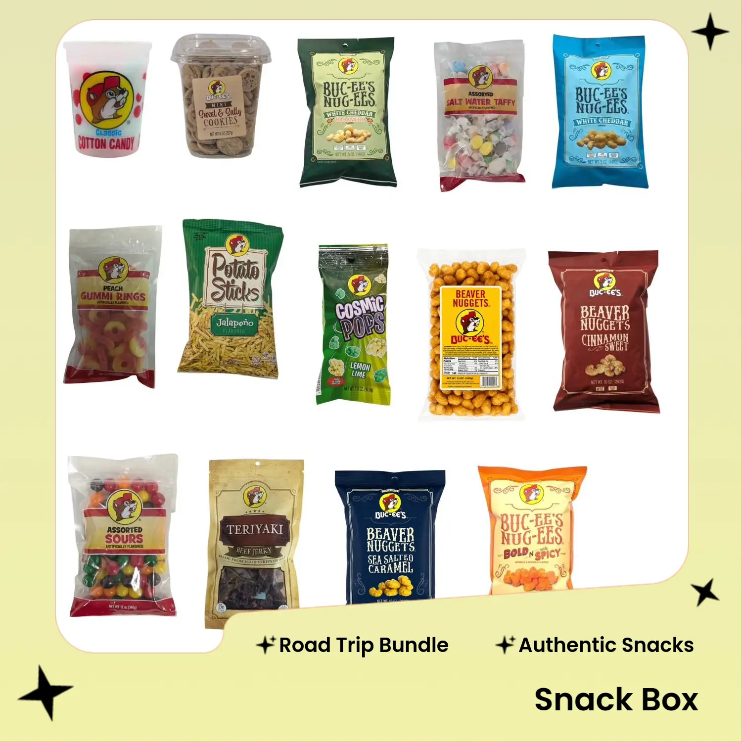 Buc-ee's 14-Piece Ultimate Texas Mega Snack Box - Salted Beaver Nuggets, Teriyaki Jerky, Peach Candies, Caramel Treats & Assorted Snacks | Road Trip Care Package